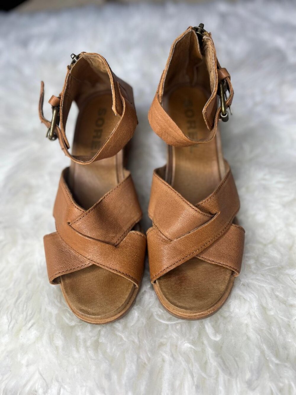 Sorel Joanie II Brown Leather Cross Strap Wedge Sandal Back Zip Size 8